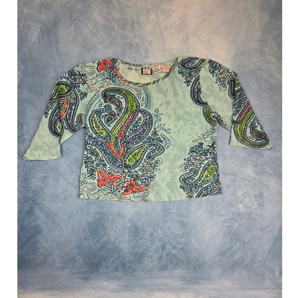 Take Two Womens Large Paisley Knit Top Blue 3/4 Sleeve Sequin Y2K Boho
